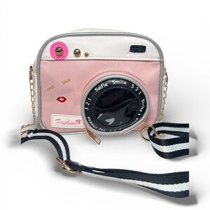 Pink Camera-Shaped Crossbody Bag with Gold Accents